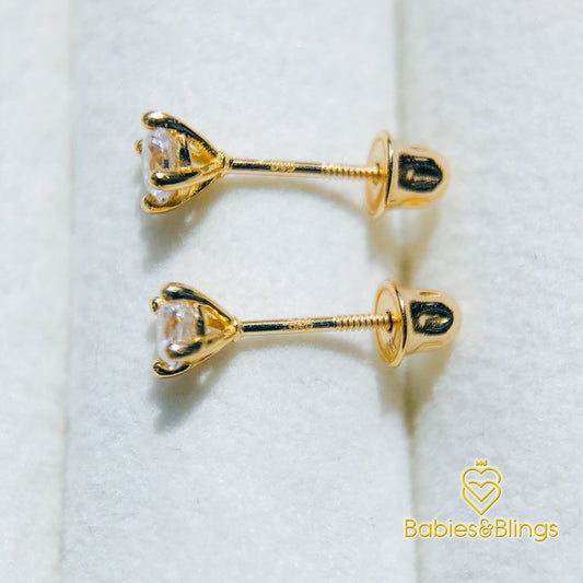 18k Gold Clear Cubic Zirconia Plain Stud with Screwback Lock