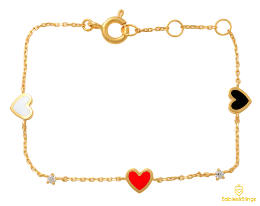 18k Gold Three Hearts Bracelet for Babies & Kids | 13cm length with 2 cm extension