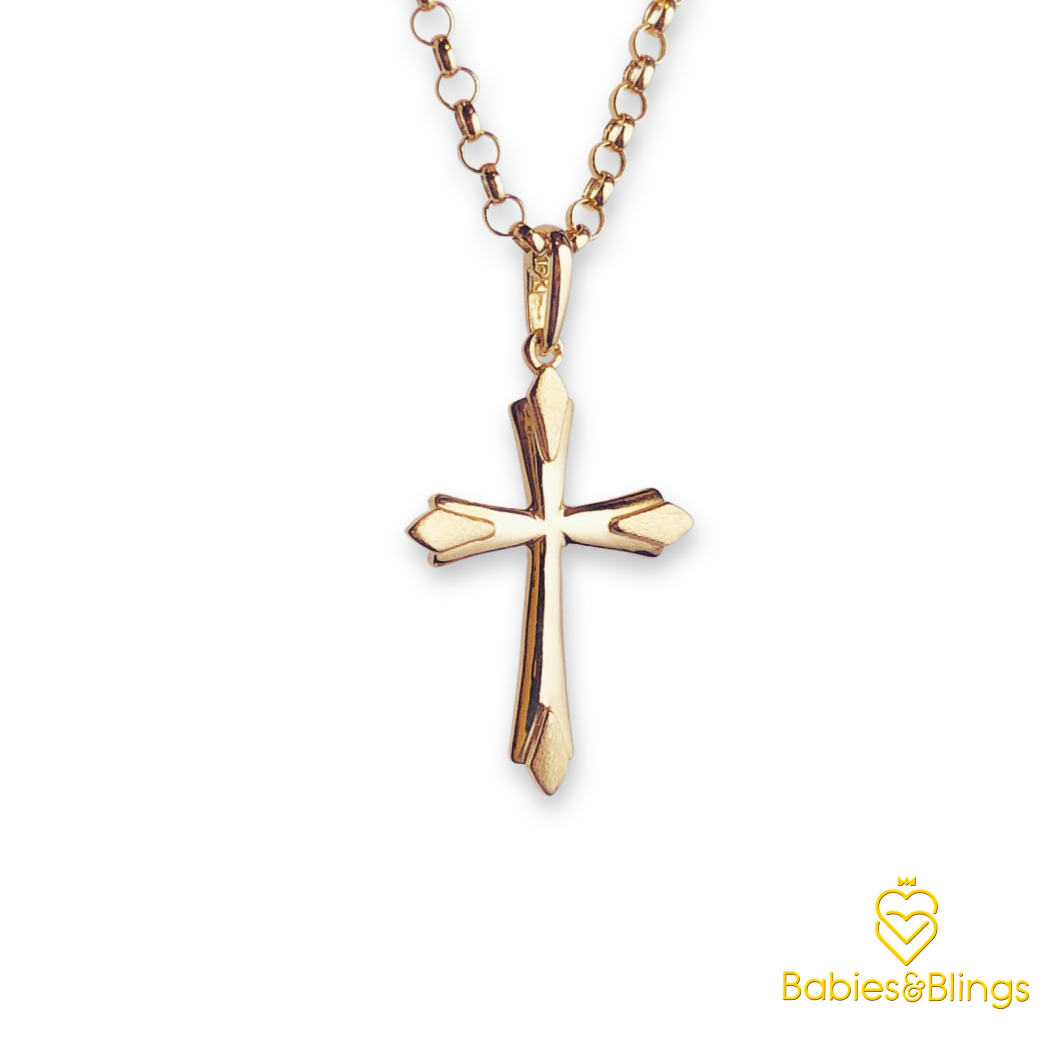 18k Gold Divine Cross Pendant in 14 inches Rolo / Tauco Chain Necklace