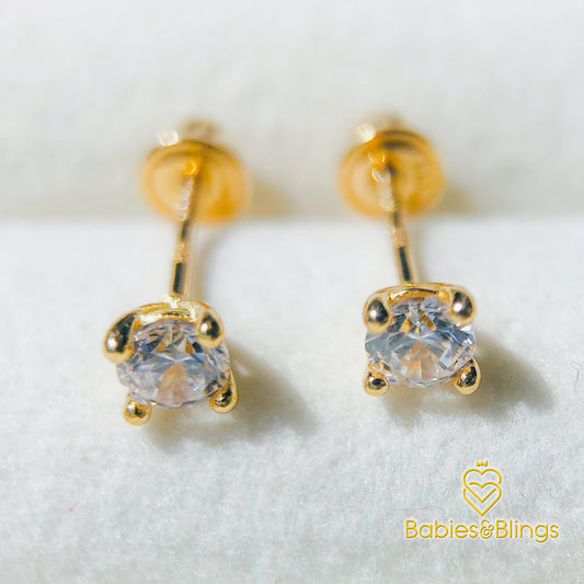 18k Gold Clear Cubic Zirconia Plain Stud with Screwback Lock