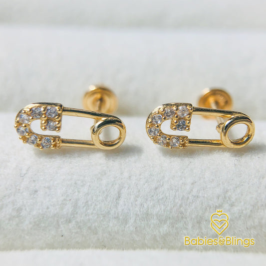 18k Gold Safety Pin Earrings with Screwback Lock