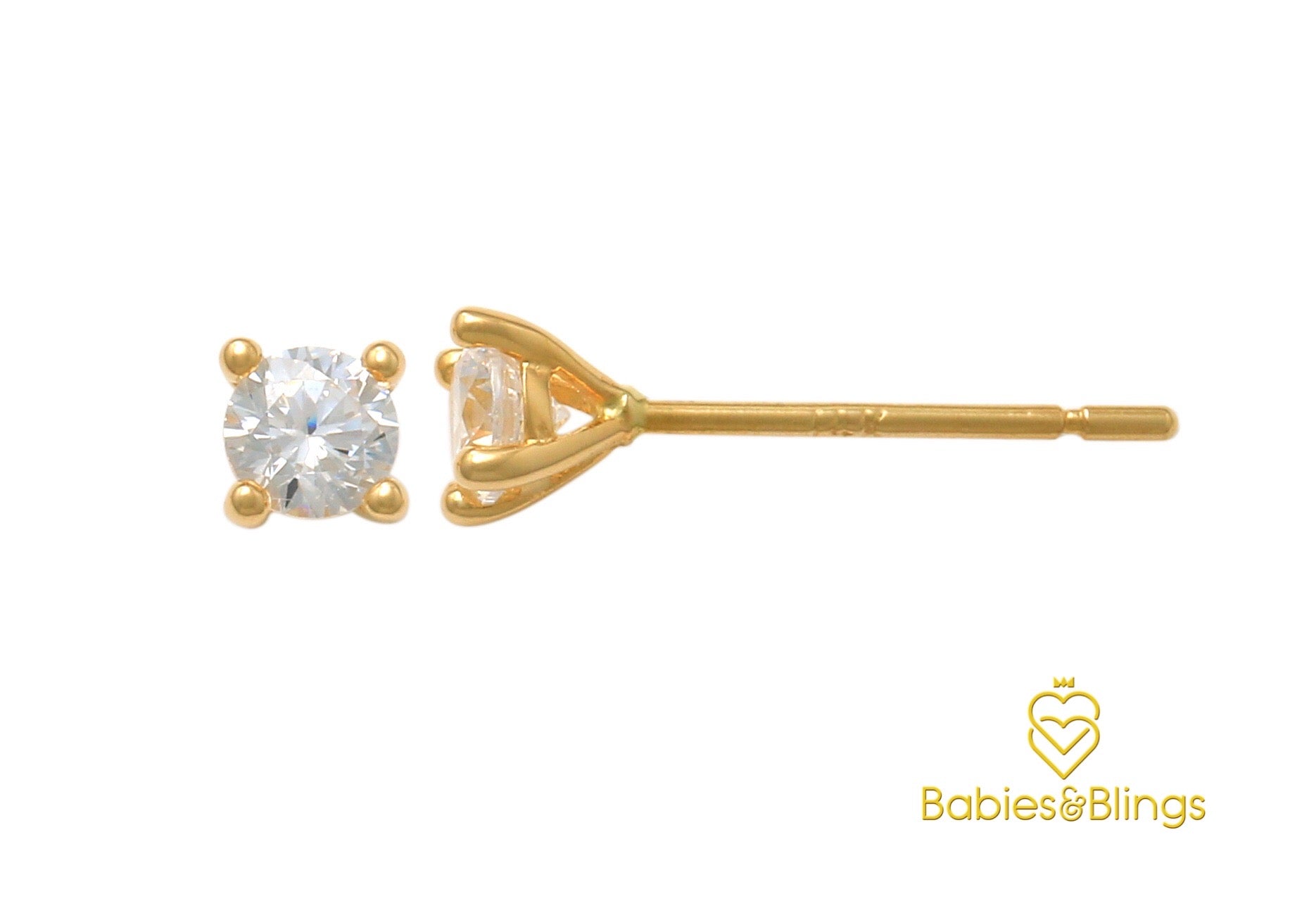 18k Gold Clear Cubic Zirconia Plain Stud with Screwback Lock